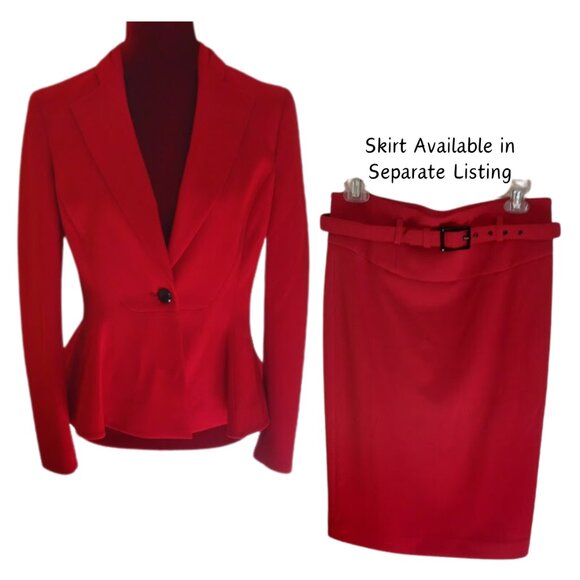 Macy's Bar III Women's Cardinal Red Crepe Button Closure Peplum Blazer Size 8 - Picture 5 of 10